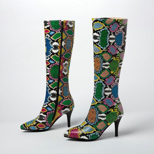 

women boots high heels shoes woman winter shoes booties ladies luxury designer snake print zipper platform stiletto 2020, Black