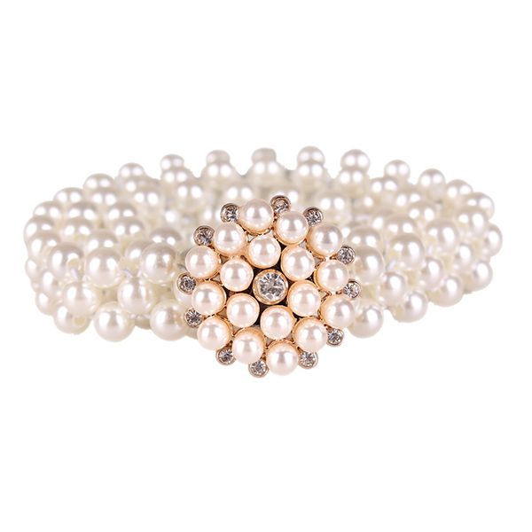 

pearl beads belt fashion decorate elastic elasticity waist chain woman belts white weave, Black;brown