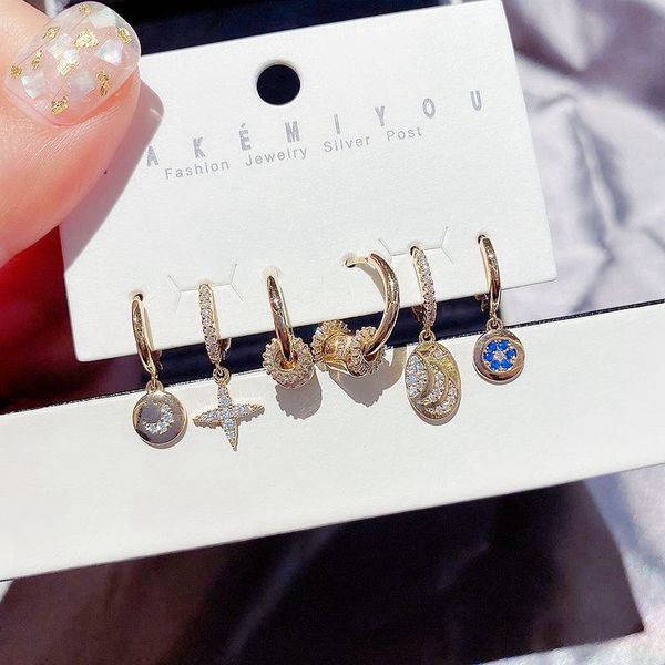 

migga 6pcs micro paved cubic zircon dangle earrings set gold color geometric moon star earrings for women, Silver