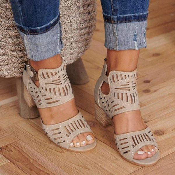 

puimentiua women fashion sandals women vintage hollow out peep toe square heel wedges sandals high heels shoes zapatos mujer y200620, Black