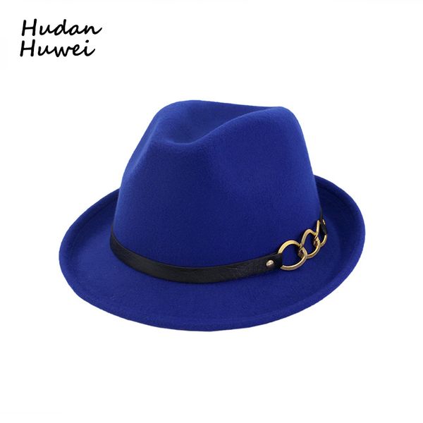 

european us roll brim jazz woolen felt fedora hat with belt chain men women formal party trilby stage performance hats 6 colors, Blue;gray