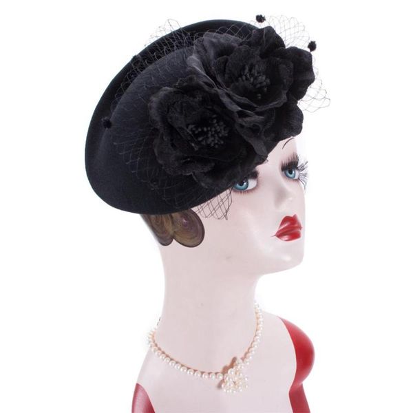 

lawliet womens wool felt queen kate shape beret hats velvet flowers cocktail race modern pillbox hat a505, Blue;gray