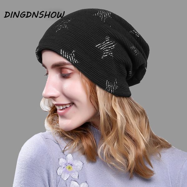 

dingdnshow] brand beanies hat cotton winter cap print stars knitted hat velvet ladies bonnet skullies for women, Blue;gray