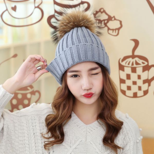 

2020 winter autumn super fur ball women wool knitted beanies caps real raccoon fur pompom beanie hats for women, Blue;gray