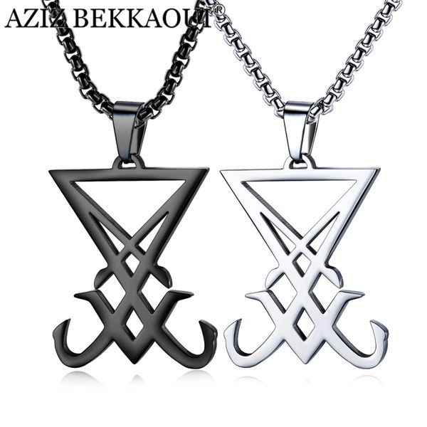 

aziz bekkaoui stainless steel malelucifer badge seal pendant necklaces for men cool punk style pendants christian jewelry gifts, Silver