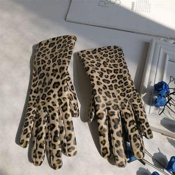 

2020 new real leather women' gloves autumn winter leopard plus velvet warm driving leather gloves fashion trend dzzp10, Blue;gray