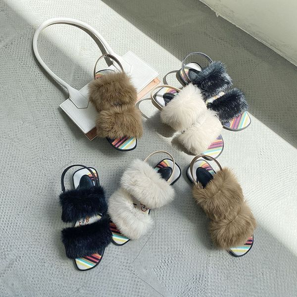

fashion real rabbit hair summer sandals open fingered refreshing light texture women shoes flat sole black buckle simplicity slipper