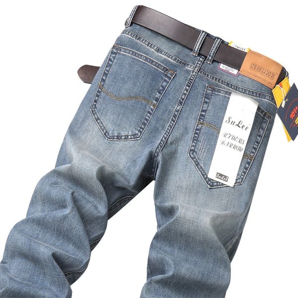 

men's jeans 2021 sulee brand full length smart casual solid button arrival zipper regular mid coated straight midweight, Blue