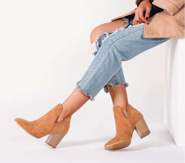 

2020 fashion women autumn winter flock ankle boots slip-on round toe square heel solid casual black camel booties size 35-40