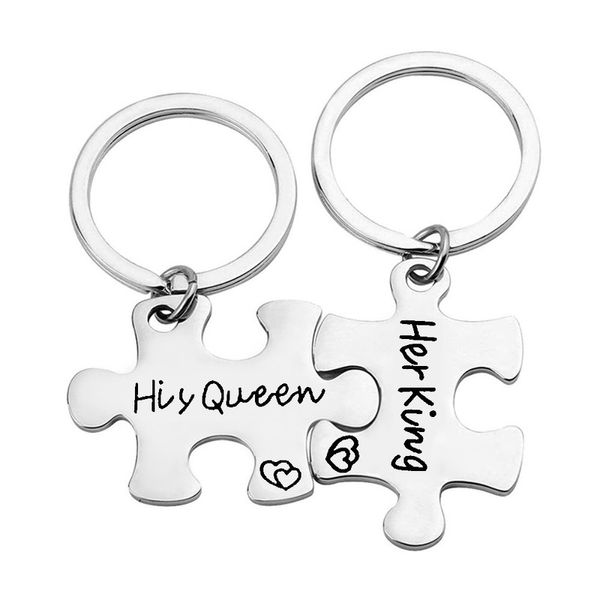 

puzzle keychain man letter key chain women king queen key holder couples keyring party ring pendant zinc alloy porte clef, Silver