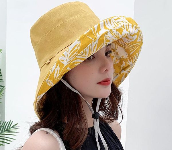

printed summer hat women double-sided foldable cotton linen beach cap big wide brim uv protection sun hat female bucket, Blue;gray