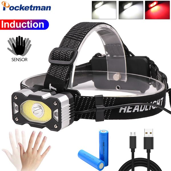 

headlamps body motion sensor headlight red white light head usb rechargeable headlamp hands-led lamp use 18650 battery