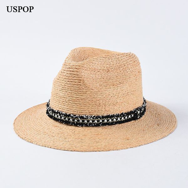 

wide brim hats uspop 2021 women sun jazz straw fedoras raffia female summer beach hat, Blue;gray