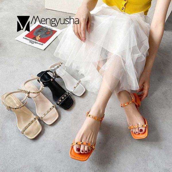 

transparent patchwork metalic studs square toe sandalias mujer open toe chunky med high heels sandals gold/silver buckle sandal, Black