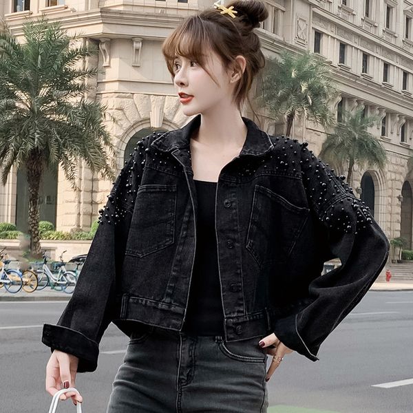 

black denim jacket 2020 new female beaded spring and autumn korean loose turn-down collar single-breasted short jacket, Black;brown