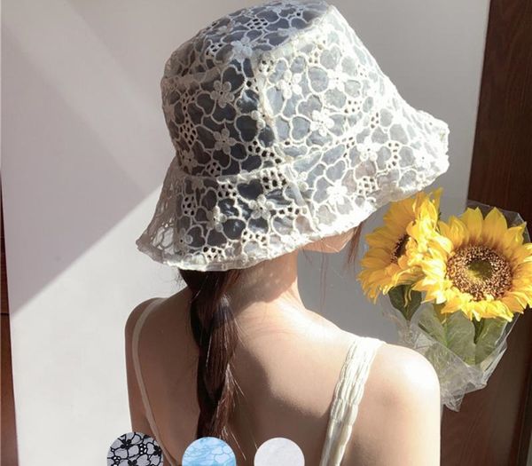

korean style summer lace bucket hat sun hats for women hollow flower fishermen hat casual ladies lace bucket hats, Blue;gray