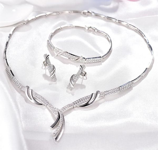 

moliam bridal wedding jewelry sets women crystal cubic zircon engagment earrings bracelet pendant necklace set003, Silver