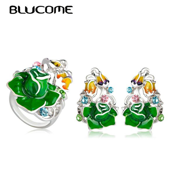 

blucome classic green rose flower stud earrings ring set for girls women holiday beach accessories party gold color jewelry sets, Silver