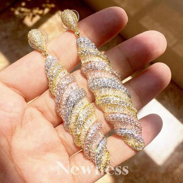 

newness 77mm luxury water drop full mirco pave cubic zircon 3tone color dubai wedding copper jewelry dangle earring pendientes, Silver