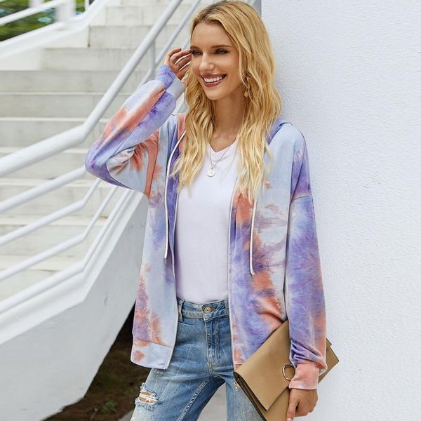 

women's hoodies & sweatshirts women fall hooded sweatshirt tie dye print open front loose comfy jacket casual color block femme zipper, Black