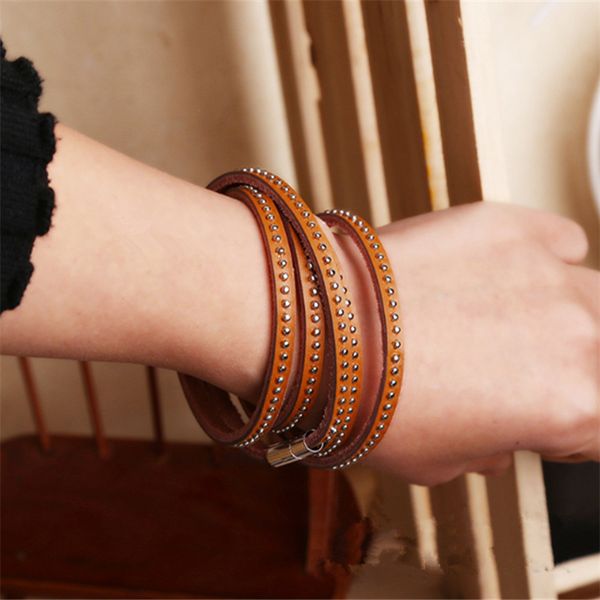 

new fashion rivet leather bracelets handmade women men multi-layer wrap bracelet bangles jewelry gift accessories wholesale, Golden;silver