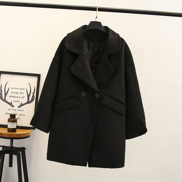 

women's wool & blends winter women casual coat fashion female pockets jackets large size long woolen womens outerwear females overcoat, Black