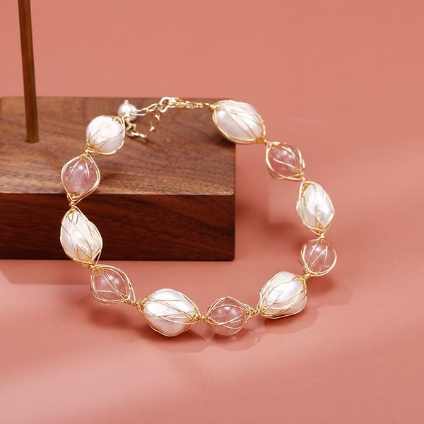 

новое прибытие природного барокко пресной воды pearl 14k gold клубничный quartz ladies браслет ювелирных изделия женского студент партия под, Golden;silver