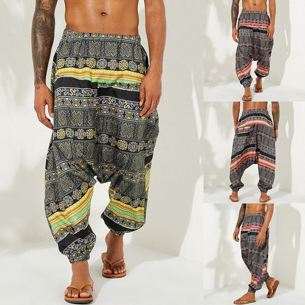 

men's pants men fashion boho ethnic style print harem drawstring ankle banded wide leg trousers casual loose slim 2021, Black