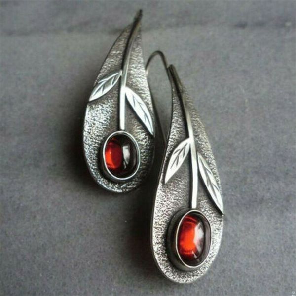

ретро женщины 925 серебра красного рубина ear hook мотаться падение листьев серьга предложение подарки, Silver