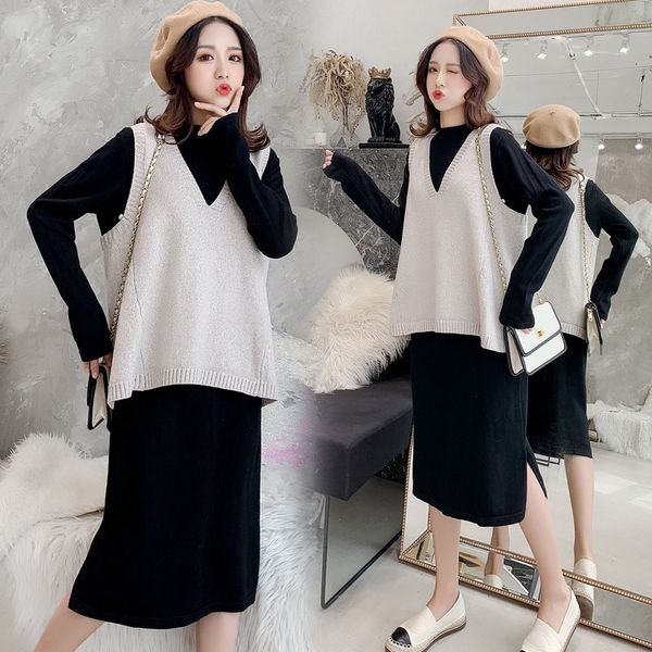 

large size ladies' fat mm mesh hongqiudong with western style knitted vest sweater dress two set loose dress, Black;gray