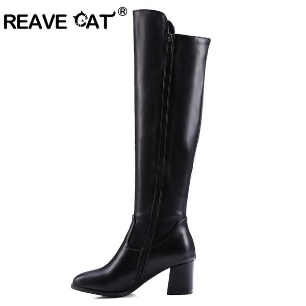

reave cat women knee-high boots pu leather autumn winter high heel boots shoes woman zipper solid casual a868, Black