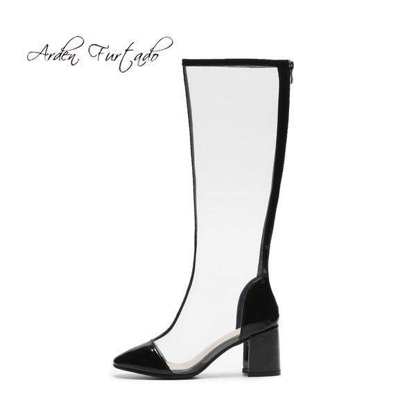 

2020 fashion women's shoes pointed toe zipper women's boots knee high boots clear pvc summer elegant chunky heels 6cm new, Black