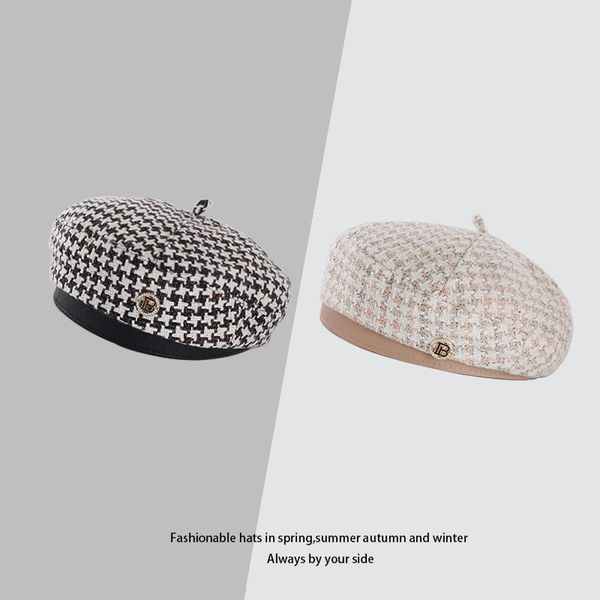 

new small fragrant wind houndstooth beret female british retro net red beret fashion all-match hat, Blue;gray