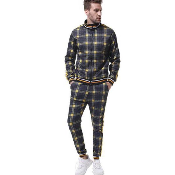

men's tracksuits 2021 autumn thin men slim trendy fashion plaid sportswear suit street hip hop outdoor fitness jogging + pants, Gray