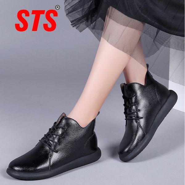 

boots sts women's winter snow with fur keep warm short ankle leather fashion shoes outdoor flats casual footwear plus size, Black