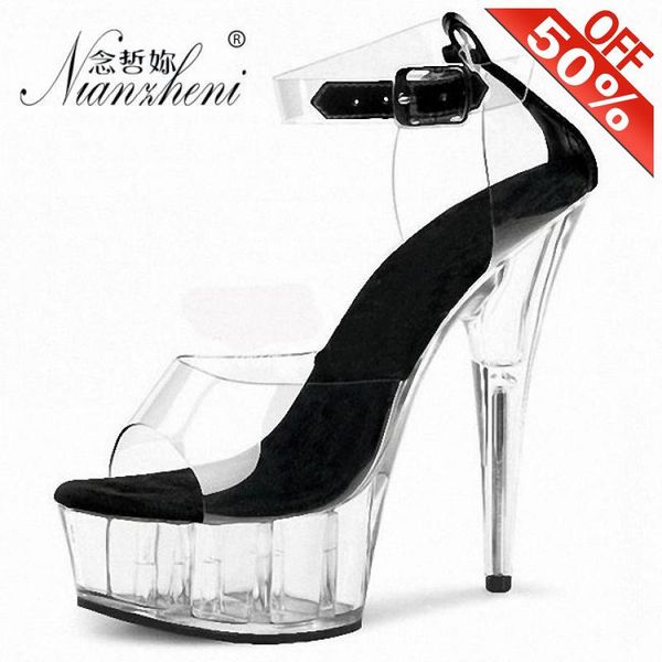 

summer new style clear crystal sandals concise elegant 6 inches women high heels platform 15cm big size buckle strap models, Black