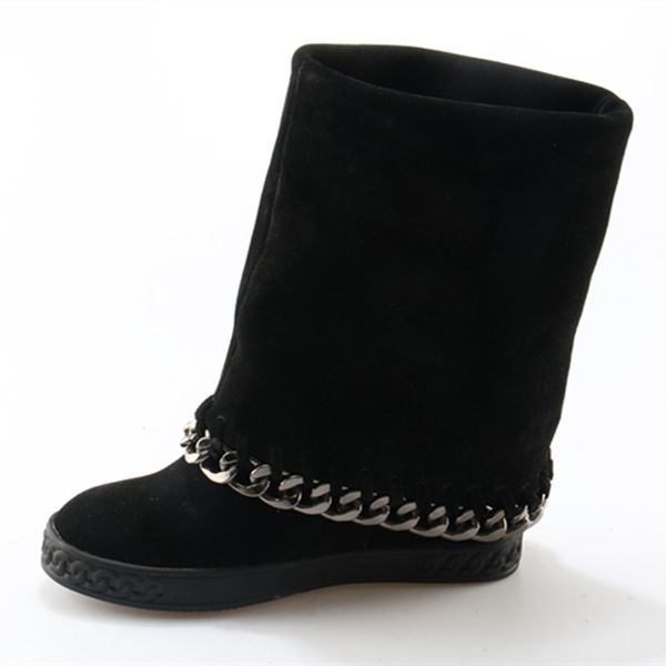 

winter boots for women mid-calf 8cm high increasing hidden cowboy boots black chain botas feminina winter wedges shoes woman