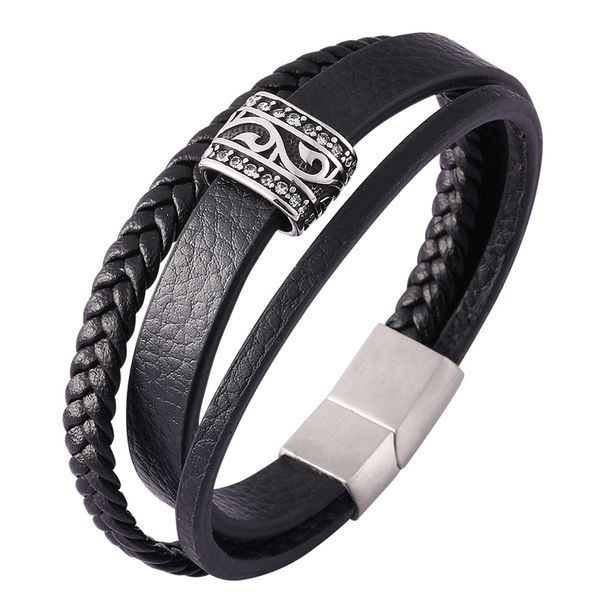 

fashion black multilayer braided leather male bracelet punk stainless steel magnetic buckle bracelets bangles men jewelry c0443, Golden;silver