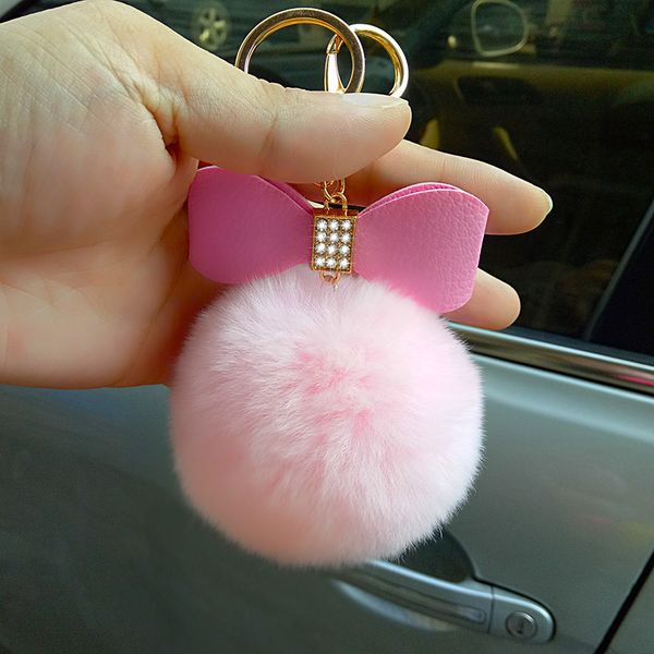 

fashion bowknot puffy pompom ball key chains jewelry pendant car key decor ring ornament handmade keychain new year gifts, Silver