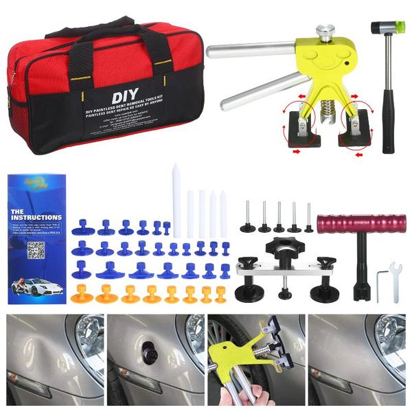 

paintless dent puller with mallet t bar bridge puller and 41pcs glue tabs glue sticks carry bag for car body hail dent removal