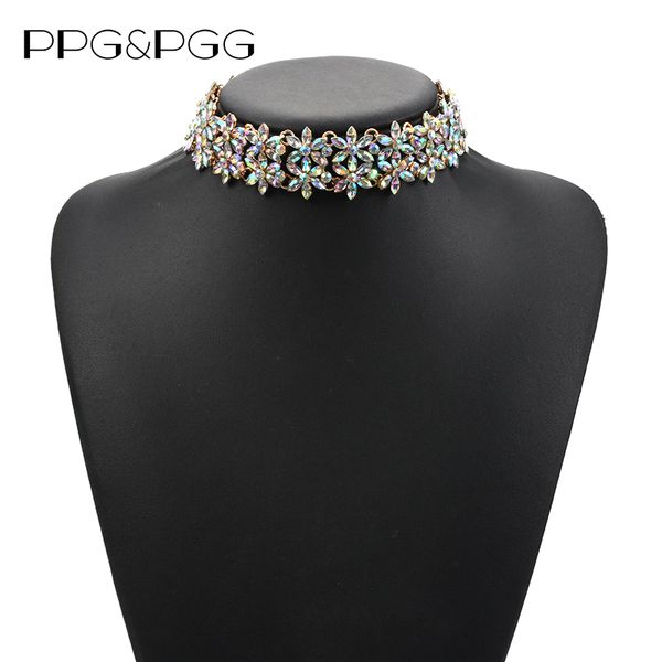 

ppg&pgg 2020 fashion crystal flowers collar choker necklace women maxi neck chain jewelry, Golden;silver