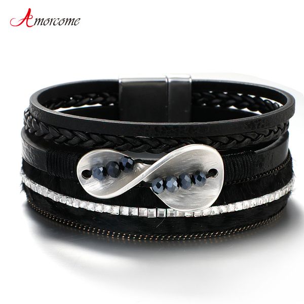 

amorcome infinity leopard leather bracelets for women 2020 fashion multilayer wrap wide charm bracelets & bangles jewelry femme, Golden;silver