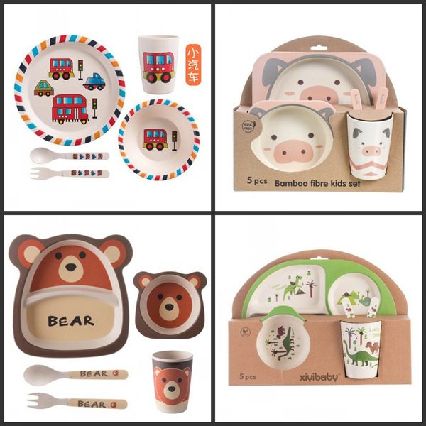 

creative environmentally friendly bamboo fiber childrens tableware gift set 5-piece kindergarten baby cartoon compartment bowl plate