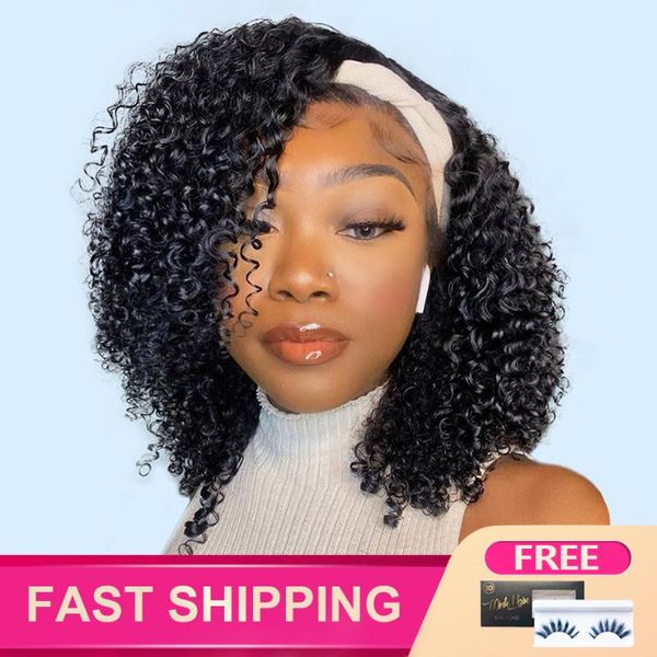 

short bob pixie cut wig 180% density 13x4 lace front human hair wigs pre plucked reshine mongolian kinky curly hair wigs, Black;brown