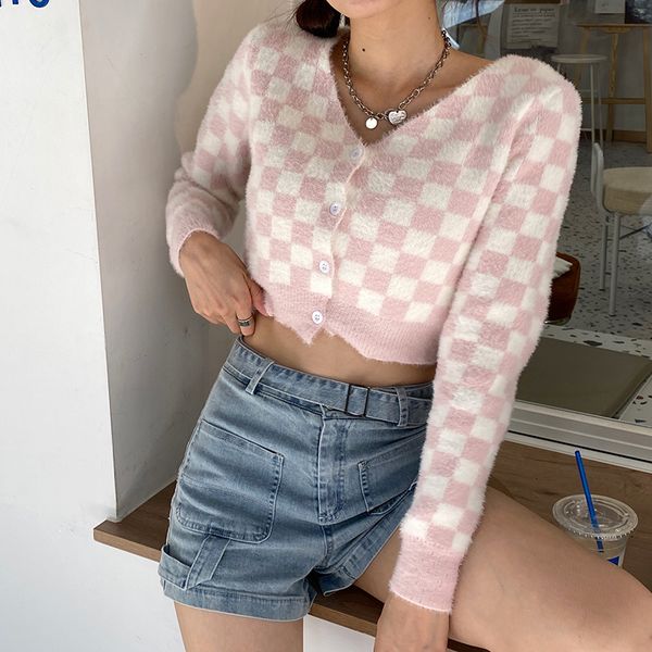 

harajuku knitted cardigan sweaters 2020 long sleeve v-neck plaid crop casual outwears single breasted short coat, White