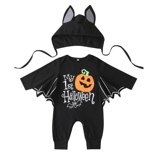 

0-24m baby boys halloween bat shape novelty pumpkin print jumpsuit long sleeve romper with hat for infant newborn boys, White