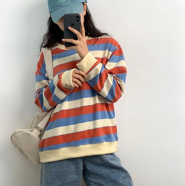 

womens hoodies autumn retro spell color striped loose round neck pullover base t-shirt drop shipping good quality, Black