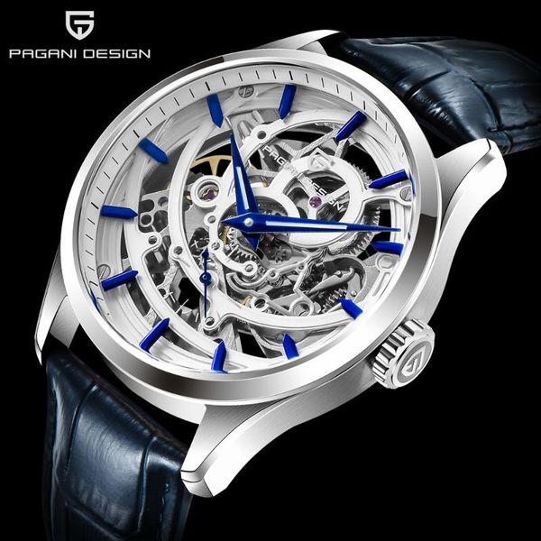 

wristwatches 2021 pagani design brand fashion leather blue watch men automatic mechanical skeleton waterproof watches relogio masculino box, Slivery;brown