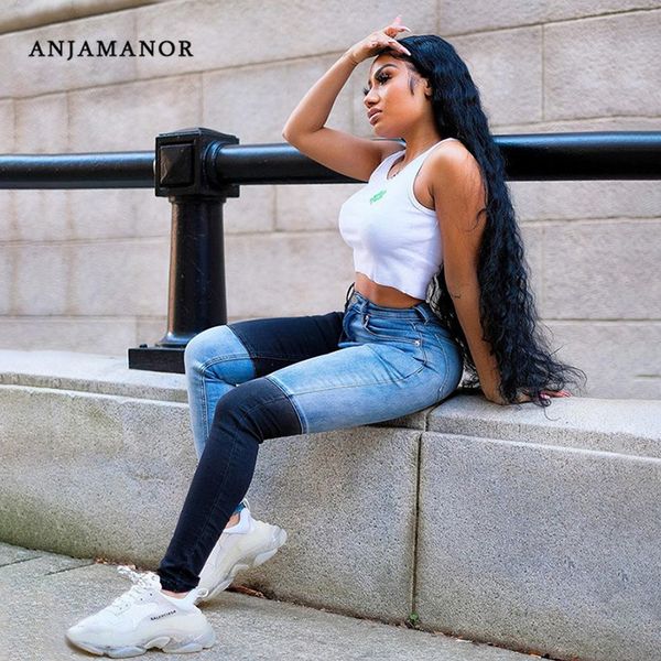 

anjamanor blue/black patchwork high waisted skinny jeans for women fall 2020 streetwear fashion denim pencil pants d71-fz46