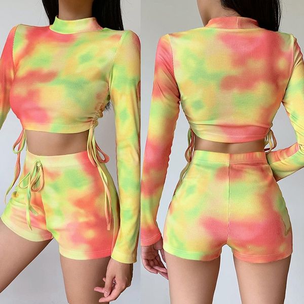 

running sets women's slim long sleeve t-shirt tie-dye pleated and shorts set yellow, Black;blue